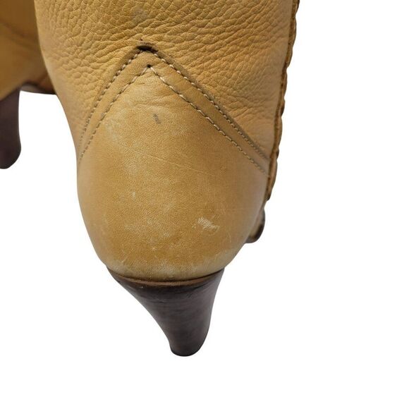 Vintage 70s Western Tan Knee-High Leather Boots Sz 3 Patchwork Stitching Heeled - Picture 12 of 16